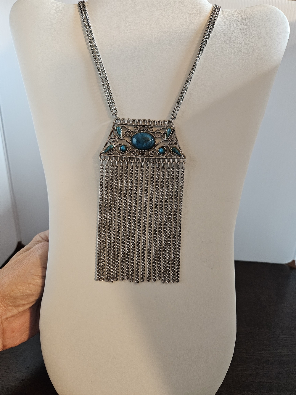 Silver Chain Fringe Necklace with Turquoise Stones